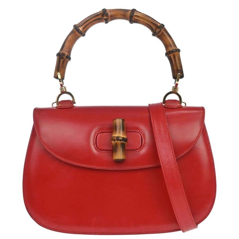 Gucci Vintage Convertible Bamboo Top Handle Leather Red Leather Handbag